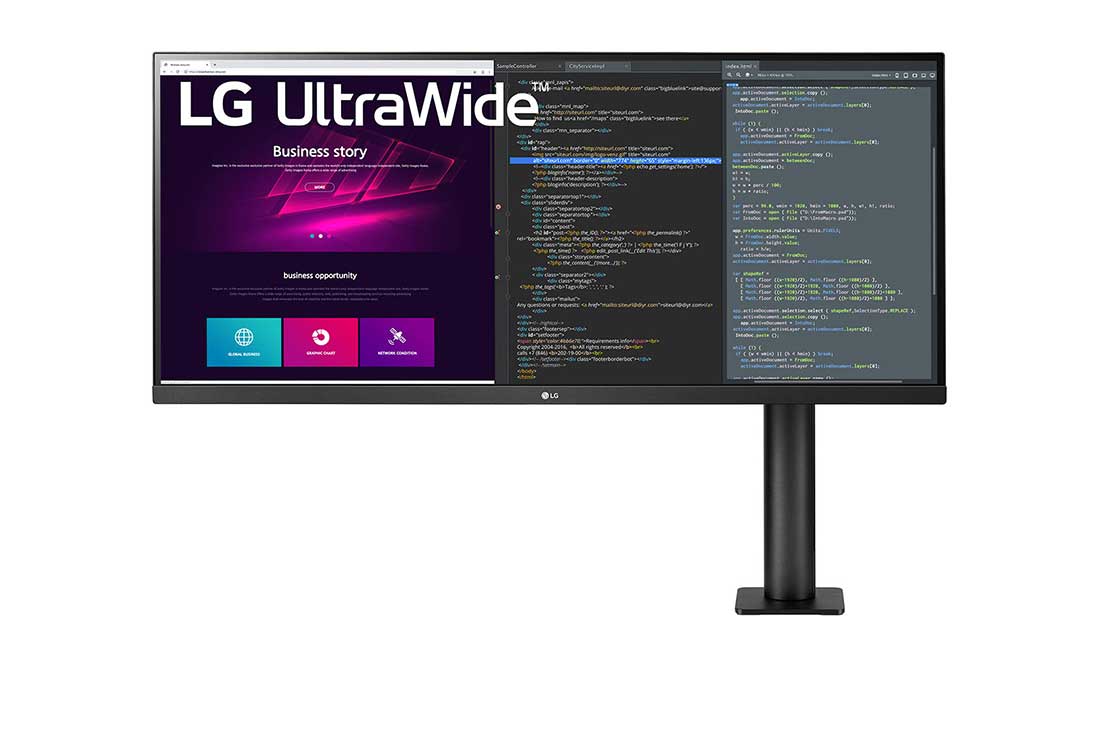 LG Monitor Ergo LG UltraWide™ QHD IPS HDR, vedere frontală cu brațul monitorului în partea dreaptă, 34WN780-B