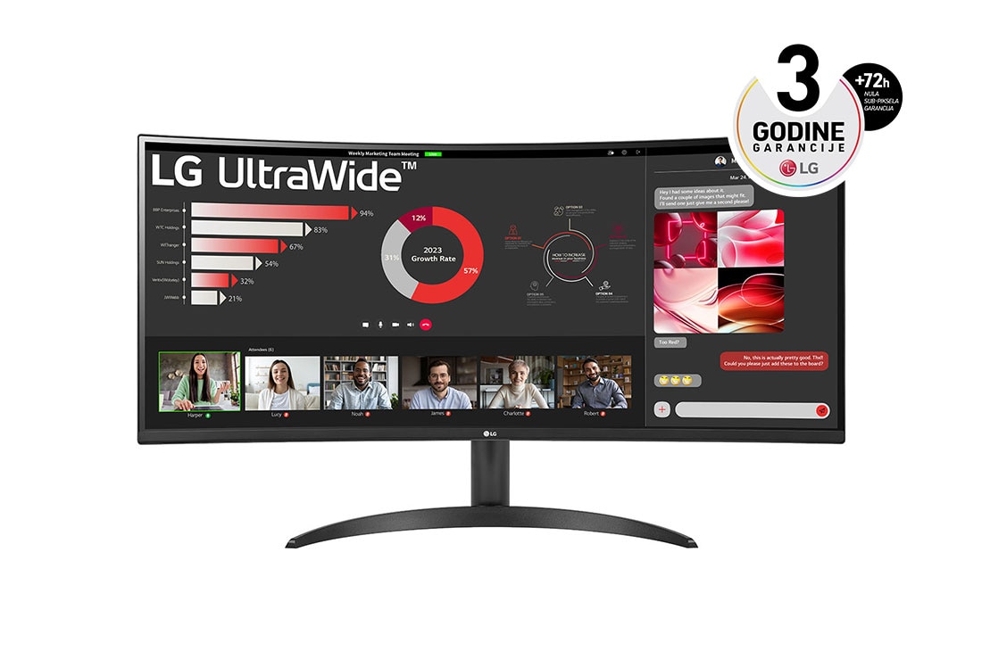 LG 34” UltraWide™ 21:9 zakrivljeni VA monitor sa brzinom osvežavanja od 100 Hz, prikaz spreda, 34WR50QC-B