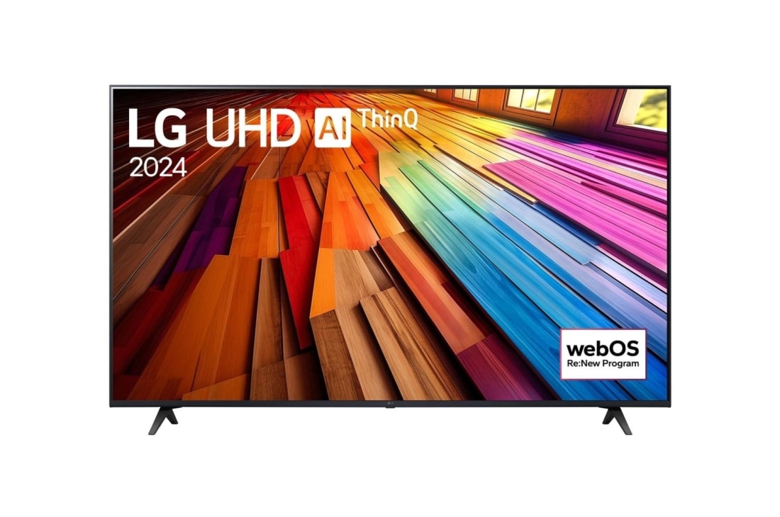 LG 65-inčni LG UHD UT80 4K pametni TV 2024, Pogled spreda na LG UHD TV, UT80 sa tekstom LG UHD AI ThinQ i 2024 na ekranu, 65UT80003LA