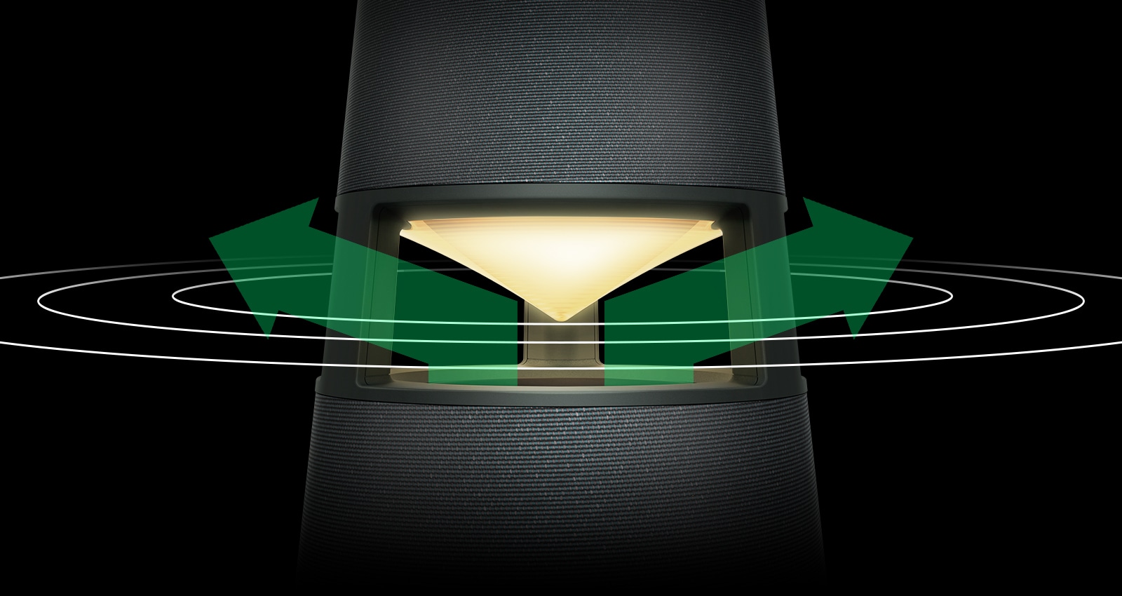 Изображение XBOOM 360 с желтой подсветкой с зелеными стрелками на левой и правой сторонах отражателя и звуковыми волнами, распространяющимися вокруг стрелки.