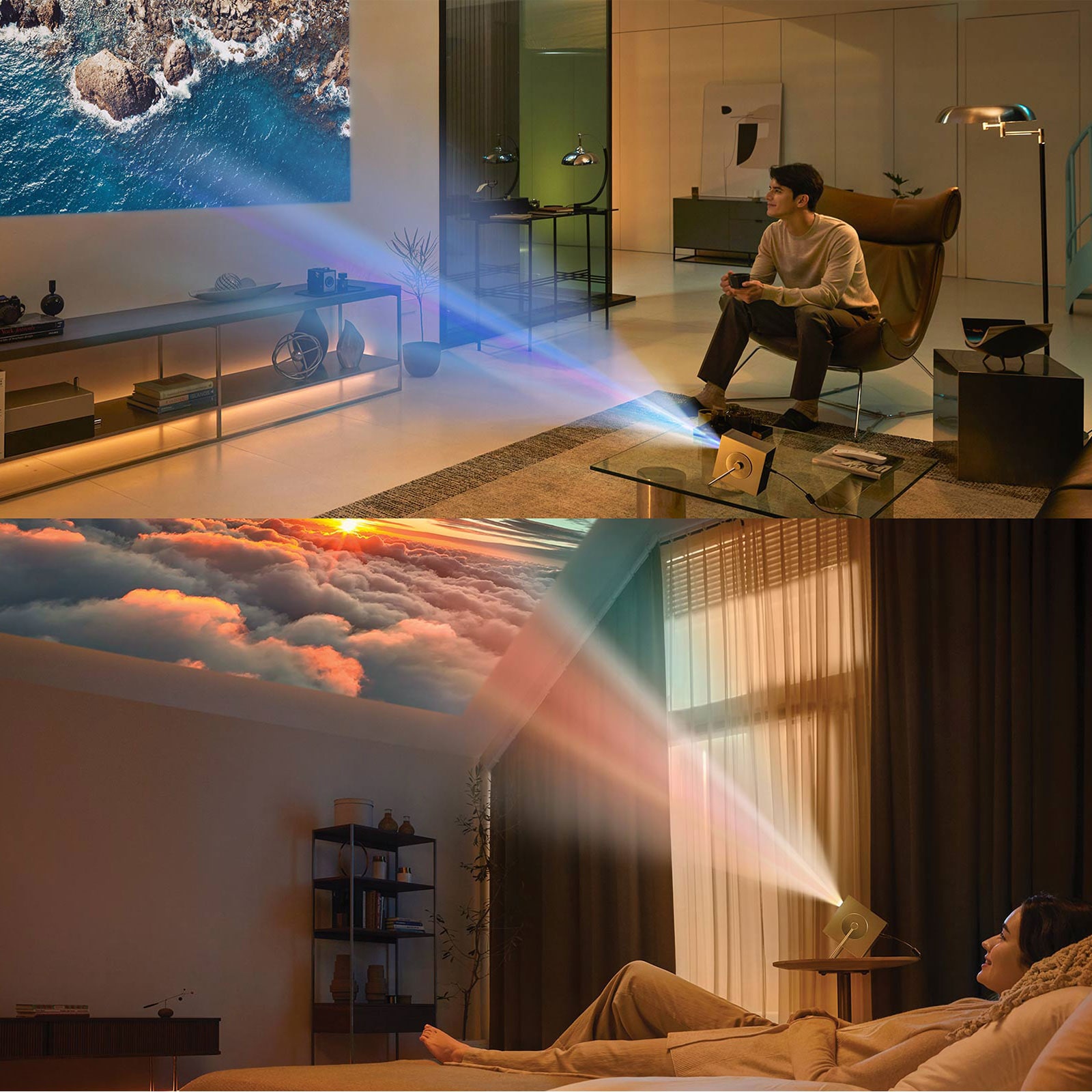 Различные сцены использования LG CineBeam HU710PB — гостиная и спальня.