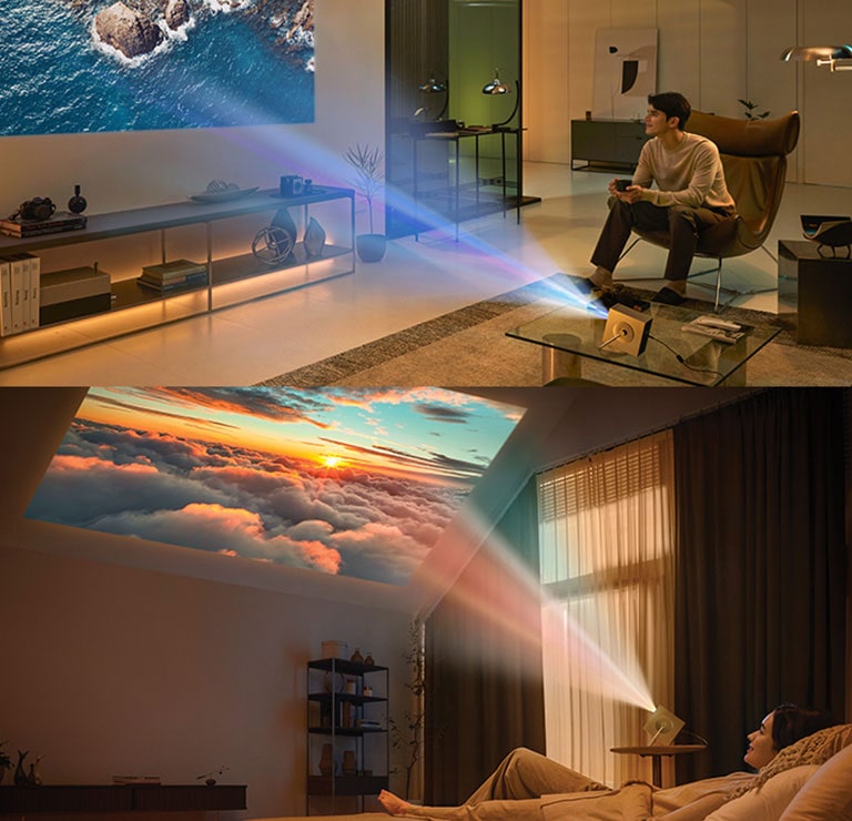 Различные сцены использования LG CineBeam HU710PB — гостиная и спальня.