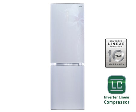 LG Двухкамерный холодильник LG GA-B439TLDF TOTAL NO FROST. Высота 190см. Скругленные дверцы из закаленного стекла. Цвет: светло-серый с цветочным узором., GA-B439TLDF