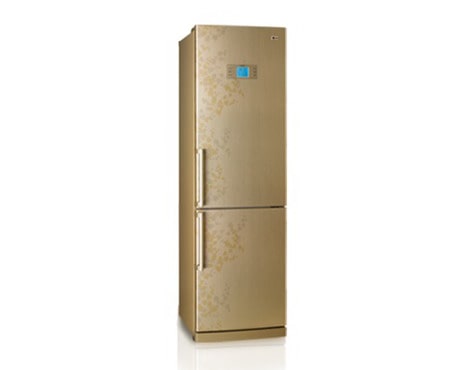 LG Холодильник LG Total No Frost с нижней морозильной камерой, уникальное покрытие золотисто-бежевого и серебристого цветов с нежным лиственным орнаментом. Высота 200 см., GR-B469BVTP