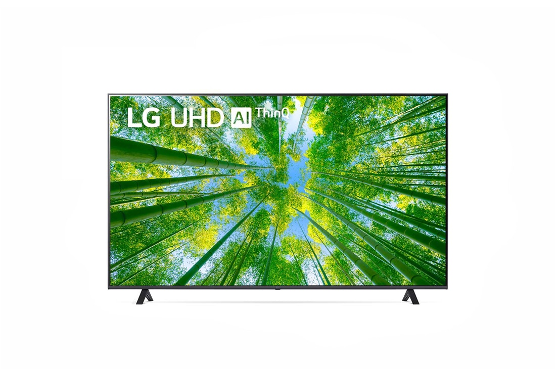 LG 4K UHD телевизор 75'' LG 75UQ80006LB, Вид телевизора LG UHD спереди с изображением на экране и логотипом продукта, 75UQ80006LB