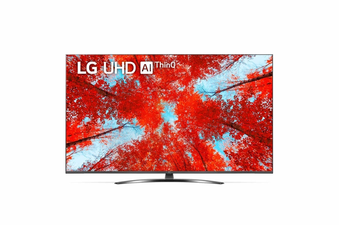 LG 4K UHD телевизор 65'' LG 65UQ91009LD, Вид телевизора LG UHD спереди с изображением на экране и логотипом продукта, 65UQ91009LD