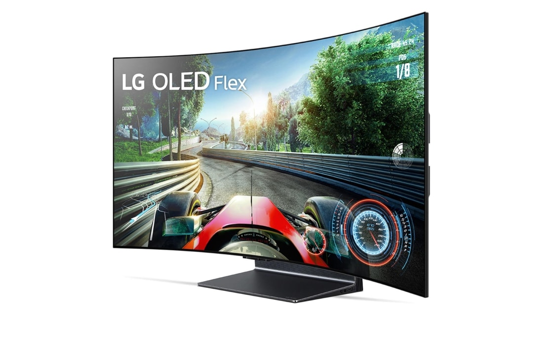LG OLED Flex, Направленный влево Flex, показанный спереди под углом 45 градусов с полностью изогнутым экраном., 42LX3Q6LA