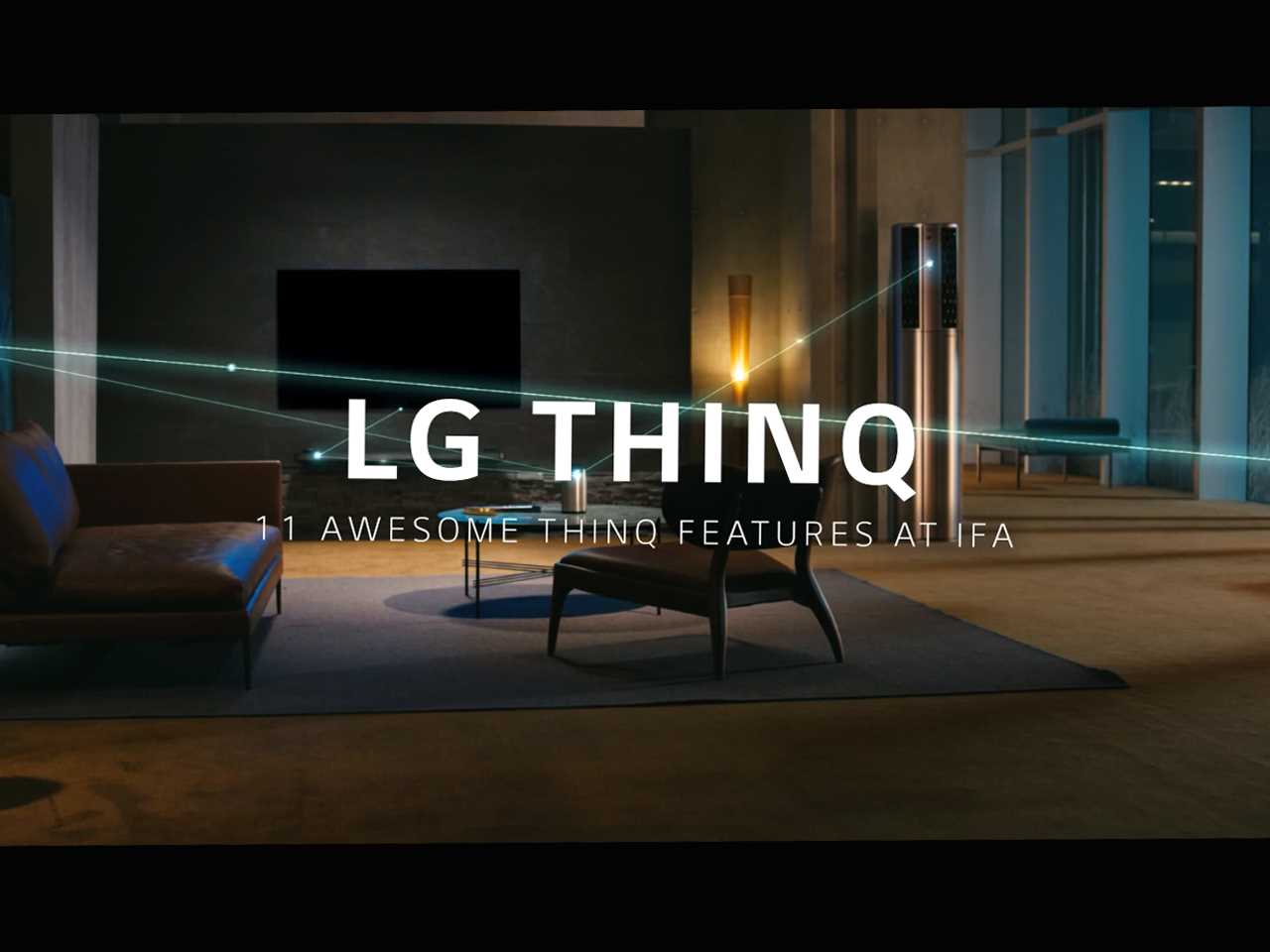 LG ThinQ в гостиной работает с кондиционером, телевизором и очистителем воздуха на основе искусственного интеллекта.