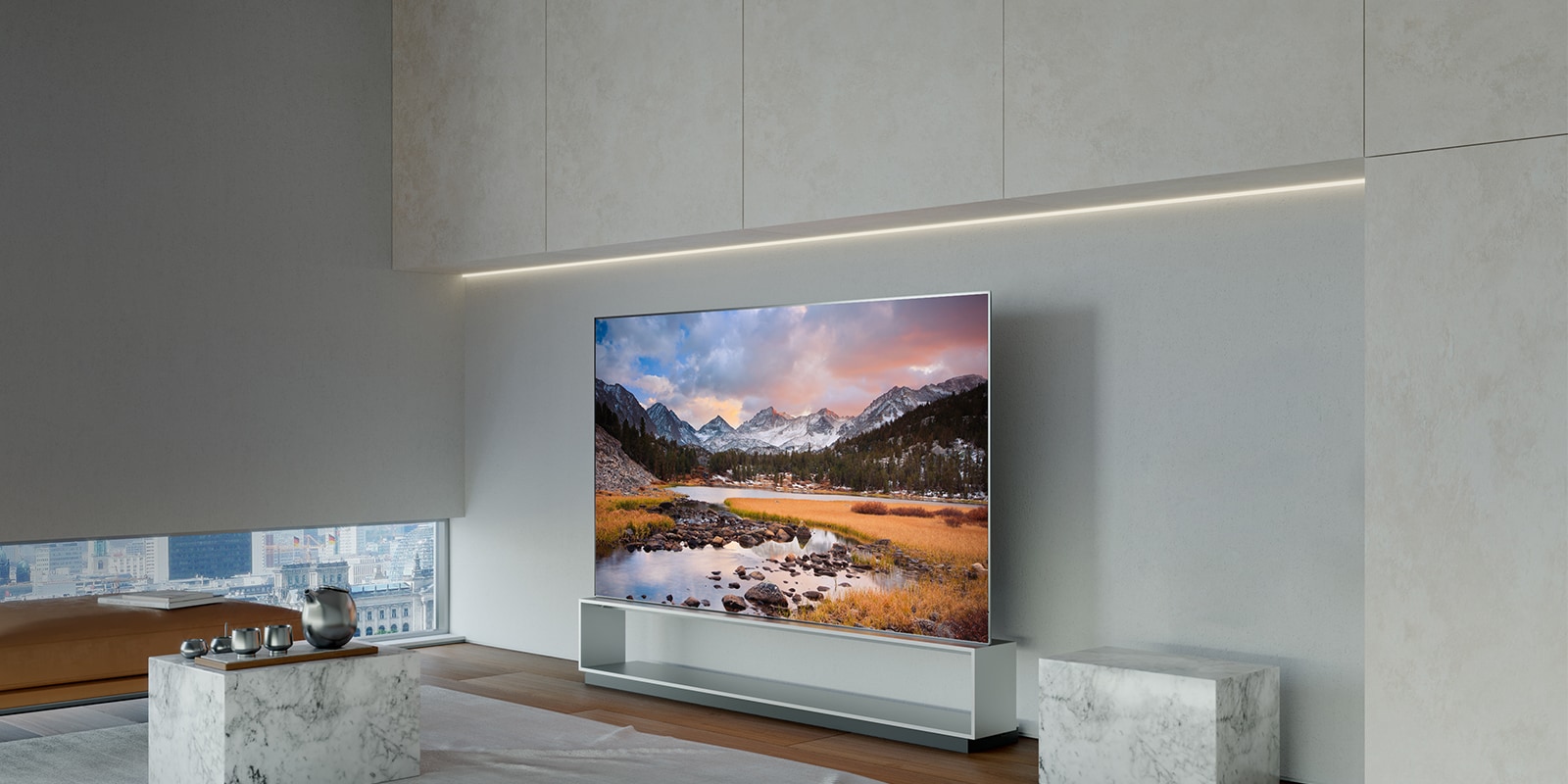 LG SIGNATURE OLED 8K TV placeras i det moderna lyxiga vardagsrummet.