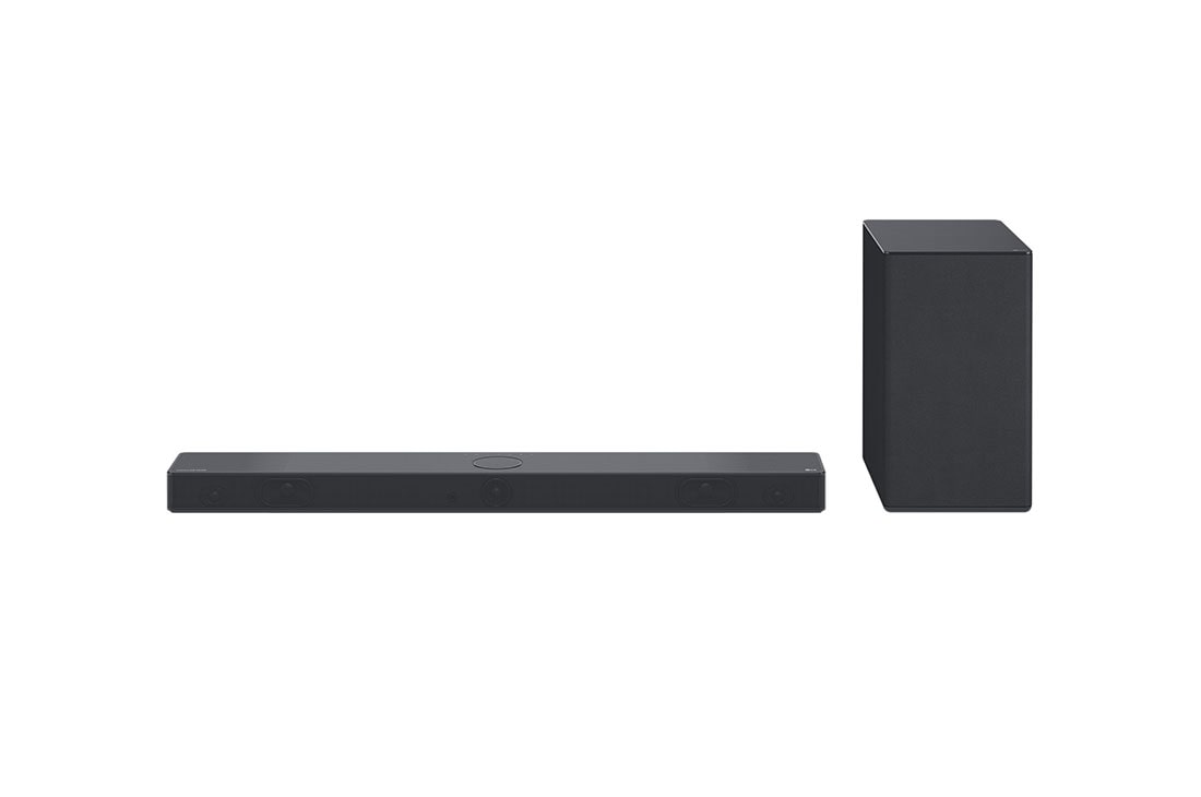 LG Soundbar SC9S, Soundbar och bashögtalare sedda snett framifrån, SC9S