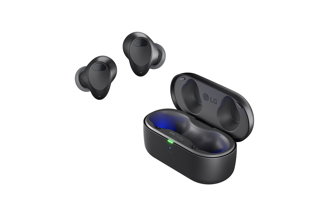 LG TONE Free T90S | Dolby Atmos, While the earbuds are in the air, light is emitted from the case, opening the cradle's lid. Plug and Wireless appear on the left,, TONE-T90S