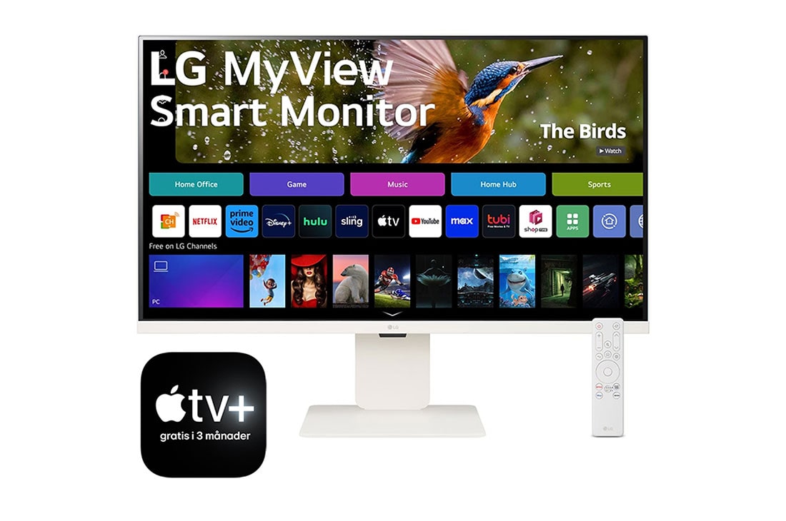 LG MyView 32” 4K UHD IPS Smart Monitor med webOS, vy framifrån med webcam och fjärrkontroll, 32SR83U-W