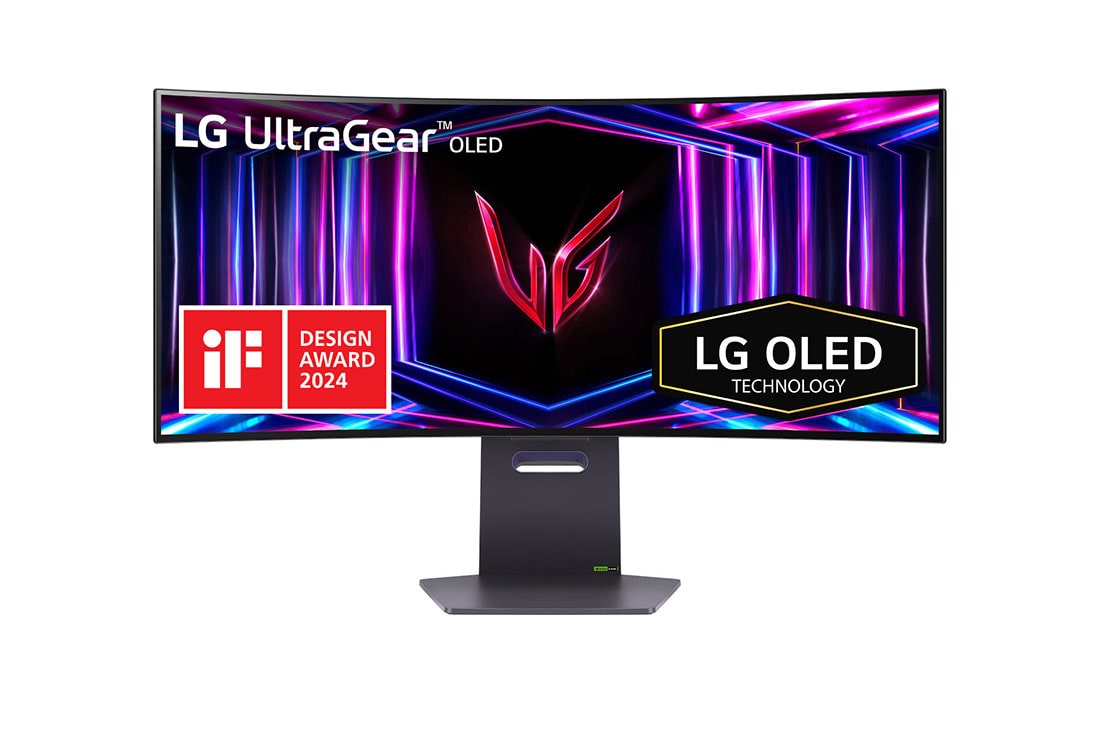 LG 34'' UltraGear™ OLED helt nya 800R böjd spelskärm | 21:9 Ultra-WQHD 240Hz, 0,03ms (GtG), DisplayHDR True Black 400, vy framifrån, 34GS95QE-B