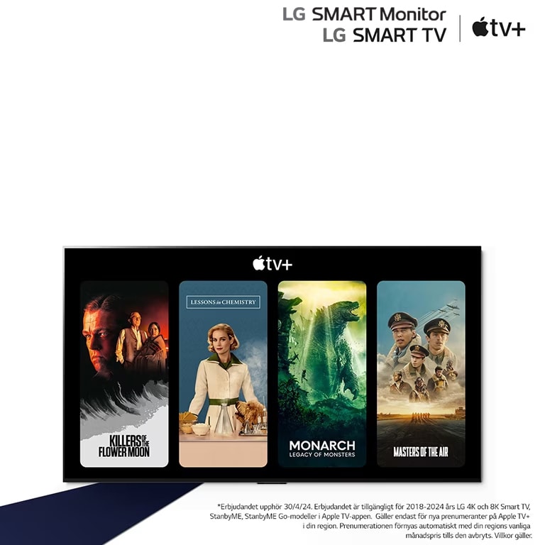 En bild på en LG OLED TV. Apple TV+ innehåll visas på skärmen och rubriken är "Få tre månaders Apple TV+ gratis med LG Smart TV."