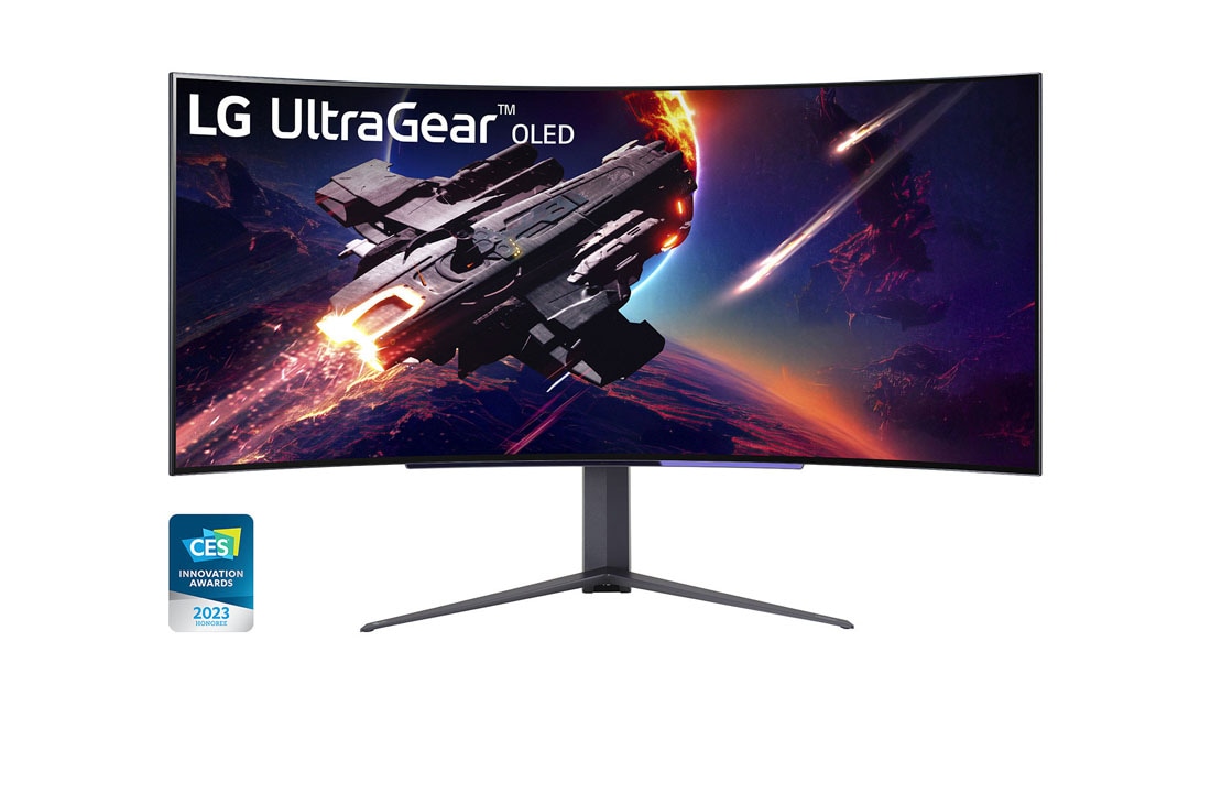 LG 45-palcový zakrivený herný monitor OLED UltraGear™ s rozlíšením WQHD, obnovovacou frekvenciou 240 Hz a časom odozvy (GtG) 0,03 ms, pohľad spredu, 45GR95QE-B
