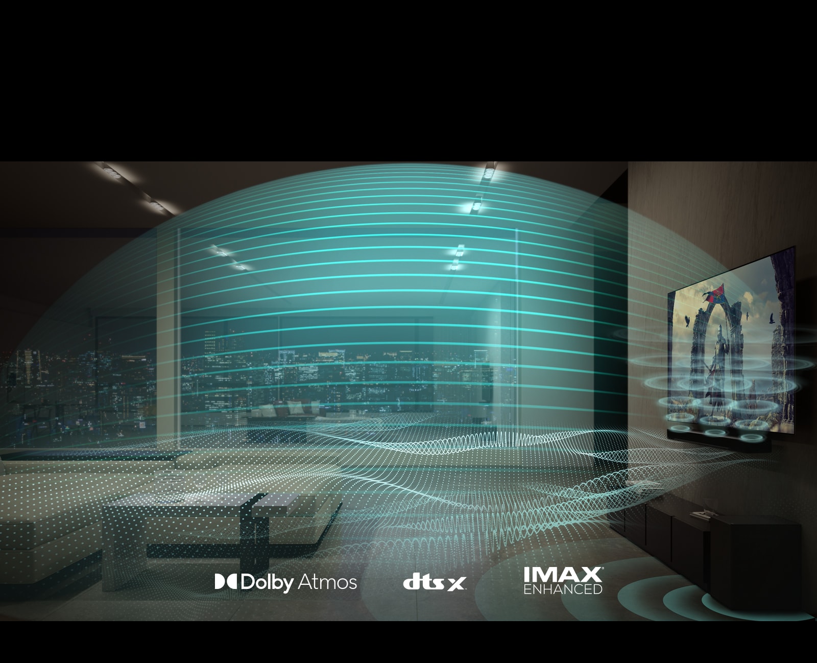 Zo zvukového panela a televízora vychádzajú do celej obývačky rôzne tvarované modré zvukové vlny.