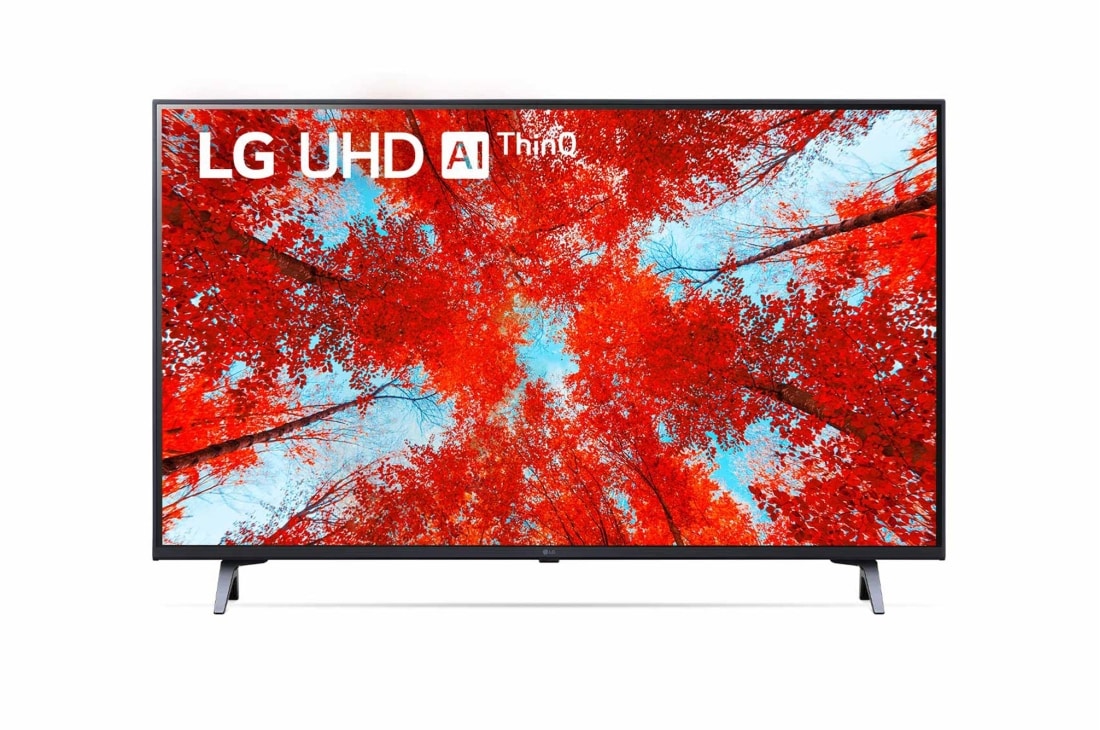 LG 43'' LG UHD TV, webOS Smart TV, Pohľad spredu na televízor LG s rozlíšením UHD s ilustračným obrázkom a logom produktu, 43UQ90003LA