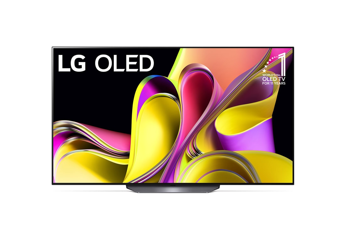 LG 65-palcový televízor Smart TV LG OLED B3 s rozlíšením 4K z roku 2023, Pohľad spredu s textom LG OLED a emblémom 11 rokov svetová jednotka v oblasti OLED., OLED65B33LA