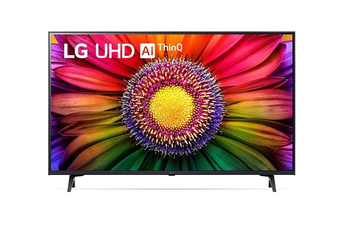LG 43-palcový televízor Smart TV LG UHD UR80 s rozlíšením 4K, 2023, Pohľad spredu na televízor LG UHD TV, 43UR80003LJ