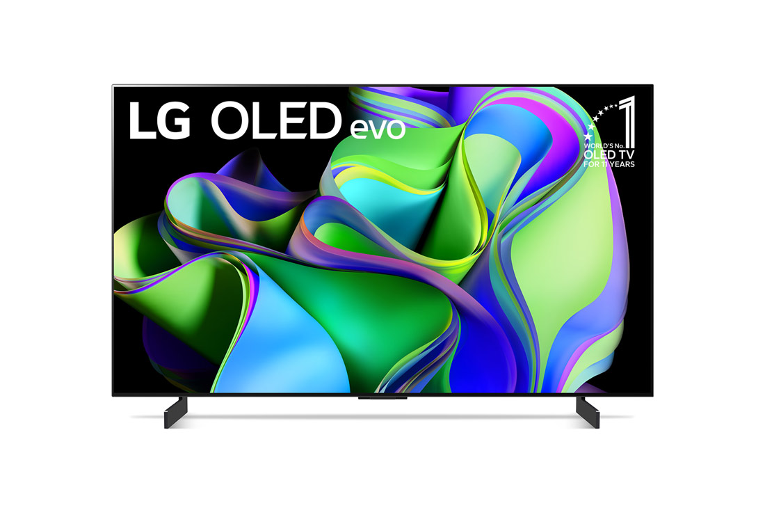 LG 42-palcový televízor Smart TV LG OLED evo C3 s rozlíšením 4K z roku 2023, Pohľad spredu s textom LG OLED evo a emblémom 11 rokov svetová jednotka v oblasti OLED na obrazovke., OLED42C32LA