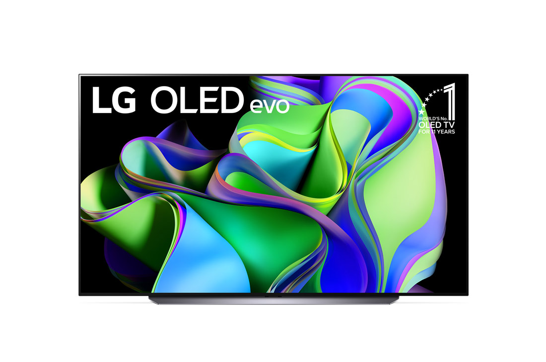 LG 83-palcový televízor Smart TV LG OLED evo C3 s rozlíšením 4K z roku 2023, Pohľad spredu s textom LG OLED evo a emblémom 11 rokov svetová jednotka v oblasti OLED na obrazovke., OLED83C31LA