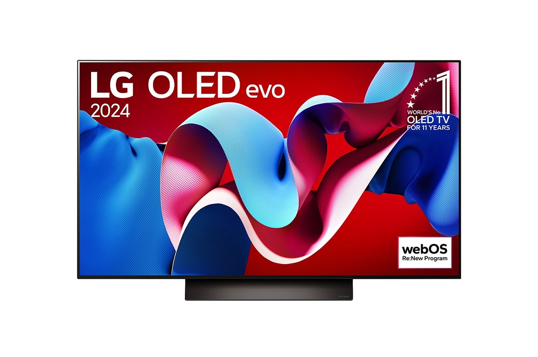 LG 48-palcový LG OLED evo C4 4K Smart TV OLED48C4, Pohľad spredu s televízorom LG OLED TV, OLED C4, emblémom 11 rokov svetovej jednotky OLED a logom webOS Re:New Program na obrazovke so stojanom s dvomi nohami, OLED48C44LA