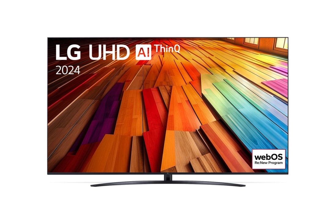 LG 86-palcový LG UHD UT81 4K Smart TV 2024, Pohľad spredu na LG UHD TV, UT81 s textom LG UHD AI ThinQ, 2024 a logom webOS Re:New Program na obrazovke, 86UT81006LA