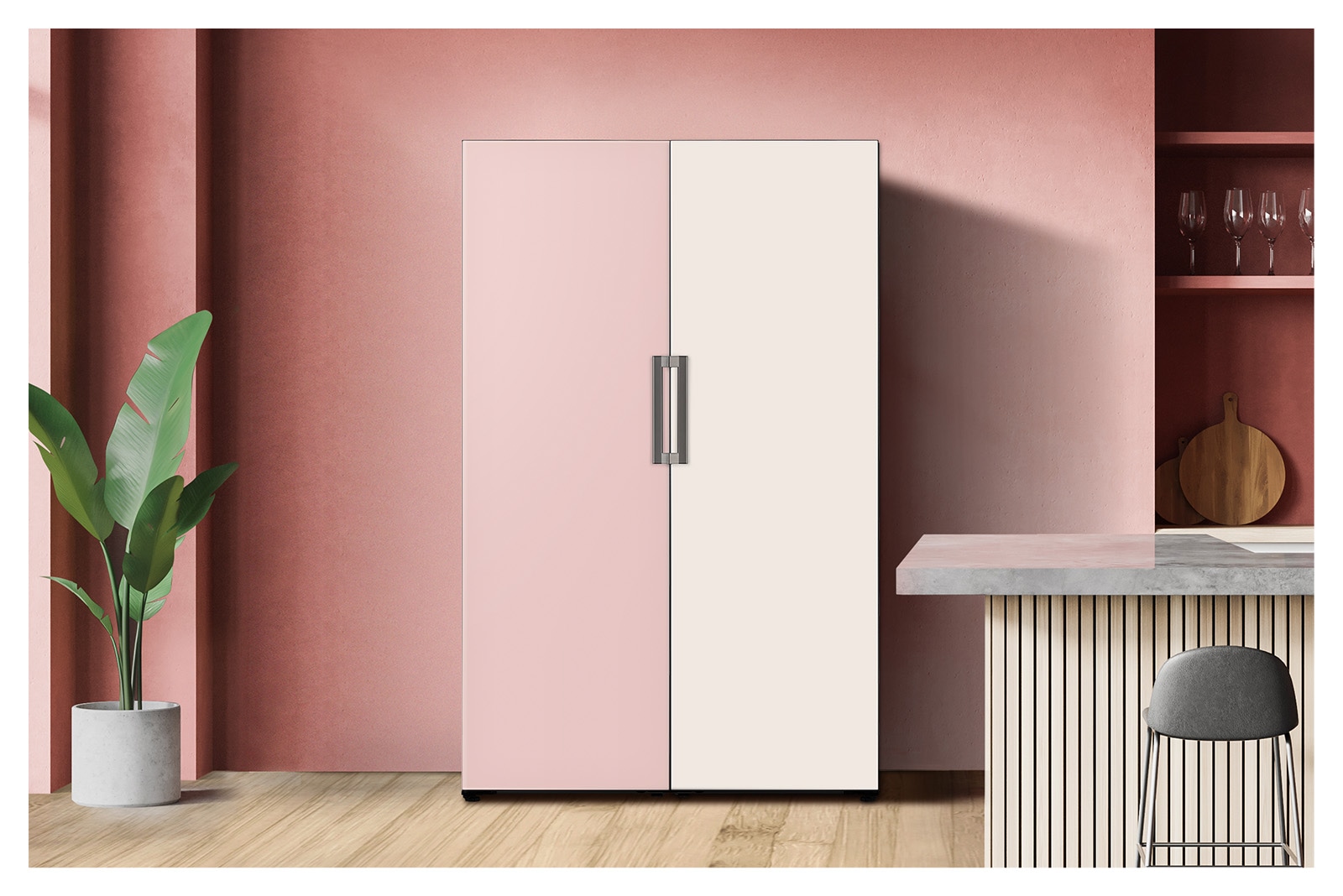 It shows mist pink and mist beige color Freezer placed in the kitchen.