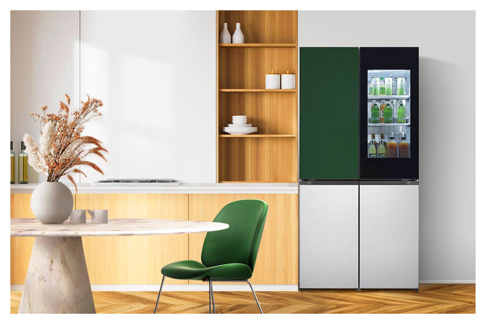 It shows solid green&silver color LG French Door Objet Collection is placed in a wood-tone modern kitchen.