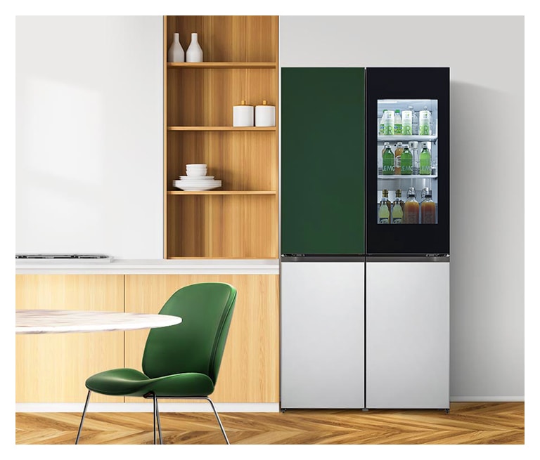 It shows solid green&silver color LG French Door Objet Collection is placed in a wood-tone modern kitchen.