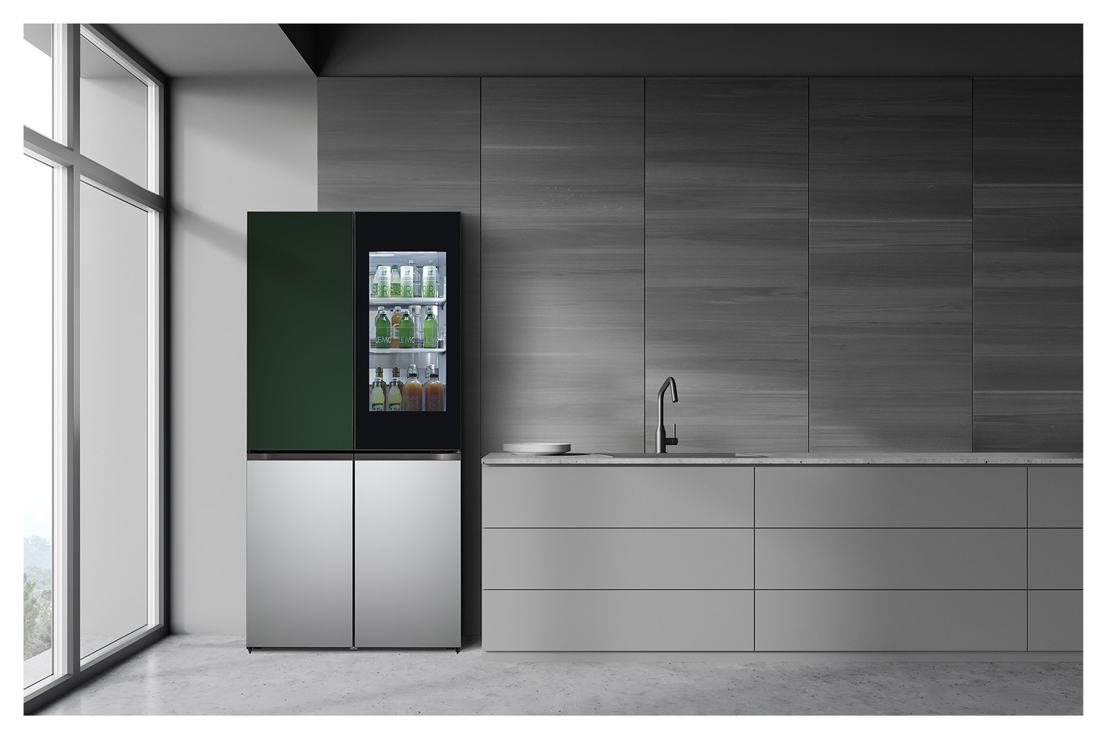It shows solid green&silver color LG French Door Objet Collection is placed in a dark-tone modern kitchen.