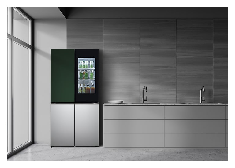 It shows solid green&silver color LG French Door Objet Collection is placed in a dark-tone modern kitchen.