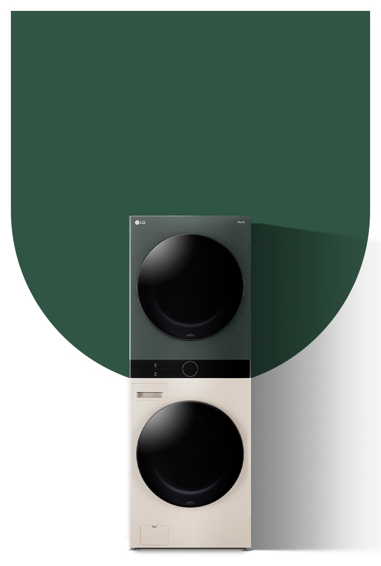 It shows a beige, green color LG WashTower Objet Collection.