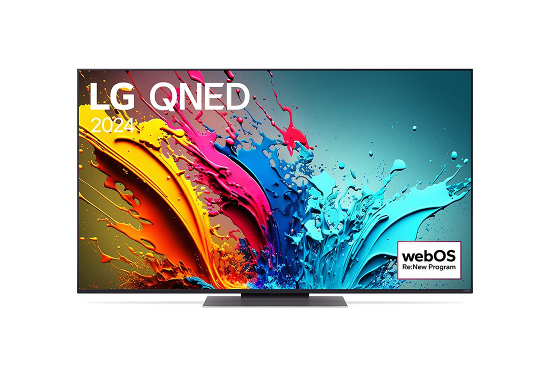 LG 55吋/ LG QNED 量子奈米 4K AI 語音物聯網 86 系列 (可壁掛)/2024, LG QNED 電視 QNED86 的前視圖，螢幕上有一段文字，展示着 LG QNED、2024 和 webOS Re:New Program 的標誌, 55QNED86TTA