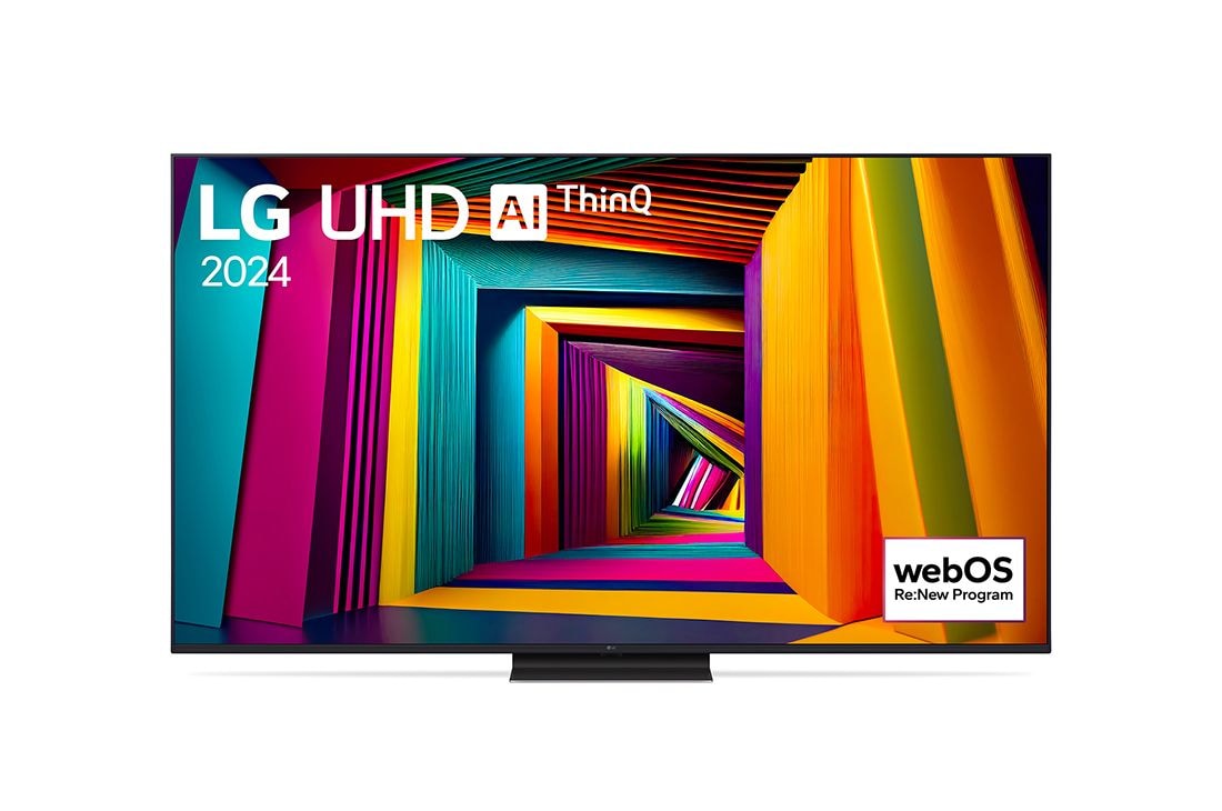 LG 65吋/ LG UHD 4K AI 語音物聯網 91 系列 (可壁掛)/2024, LG UHD 電視 UT91 的前視圖，螢幕上有一段文字，展示着 LG UHD AI ThinQ、2024 和 webOS Re:New Program 的標誌。, 65UT9150PTA