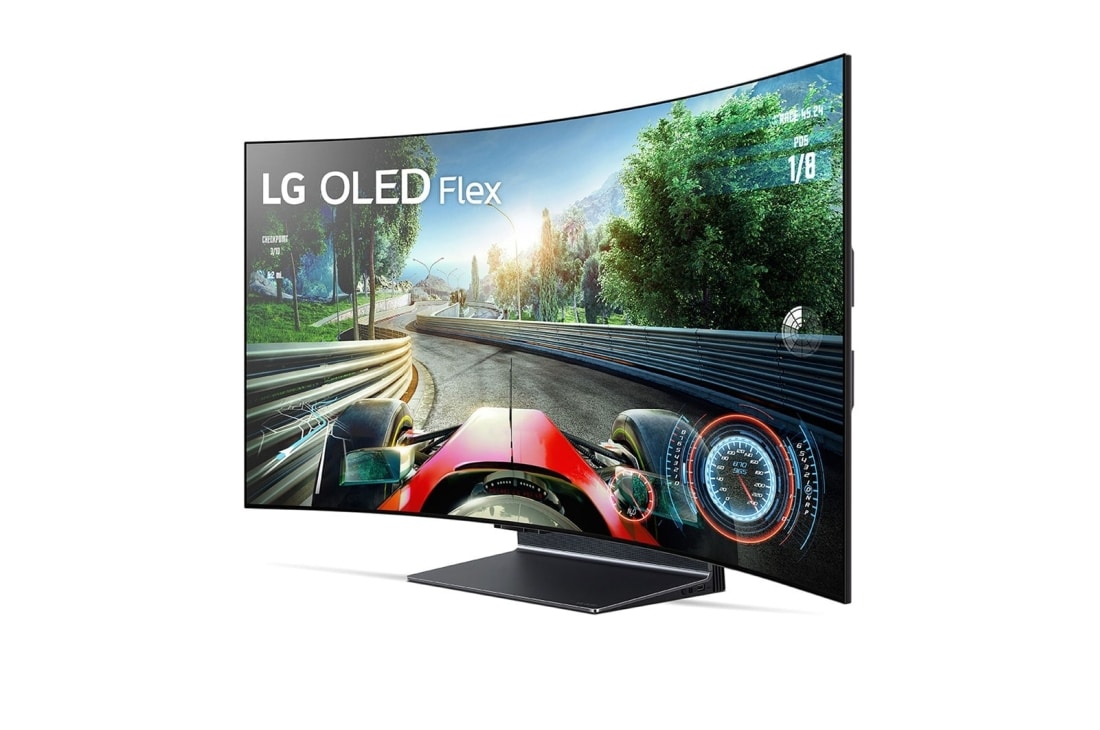 LG OLED Flex 曲面多變系列 4K AI 物聯網智慧電視/42吋 (電競首選), 從正面 45 度角看向朝左的 Flex，螢幕完全彎曲。, 42LX3QPSA