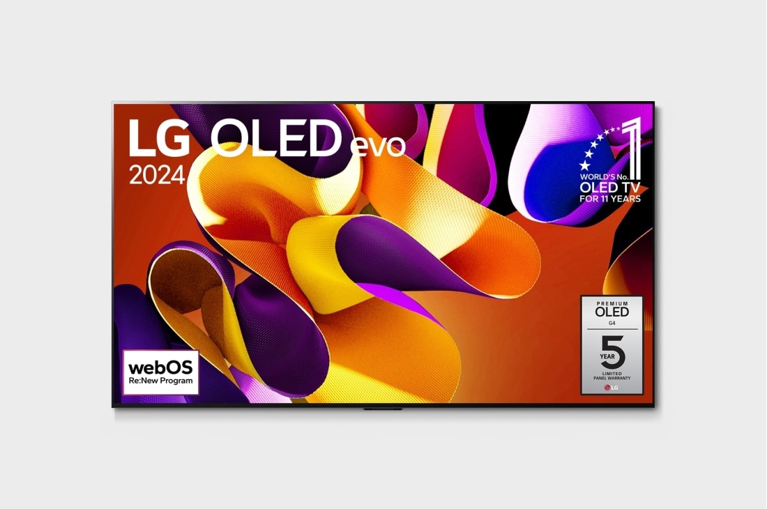 LG 83吋/ LG OLED evo 4K AI 語音物聯網 G4 零間隙藝廊系列 (含壁掛架)/2024, LG OLED evo 電視的前視圖，OLED G4、11 年全球第一 OLED 標誌，webOS Re:New 計劃 標誌以及五年面板保固標誌在螢幕上, OLED83G4PTA