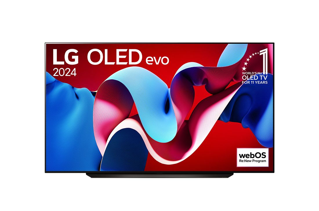 LG 83吋/ LG OLED evo 4K AI 語音物聯網 C4 極緻系列 (可壁掛)/2024, LG OLED evo 電視的前視圖，OLED C4、11 年全球第一 OLED 標誌，以及 webOS Re:New 程式標誌在螢幕上, OLED83C4PTA