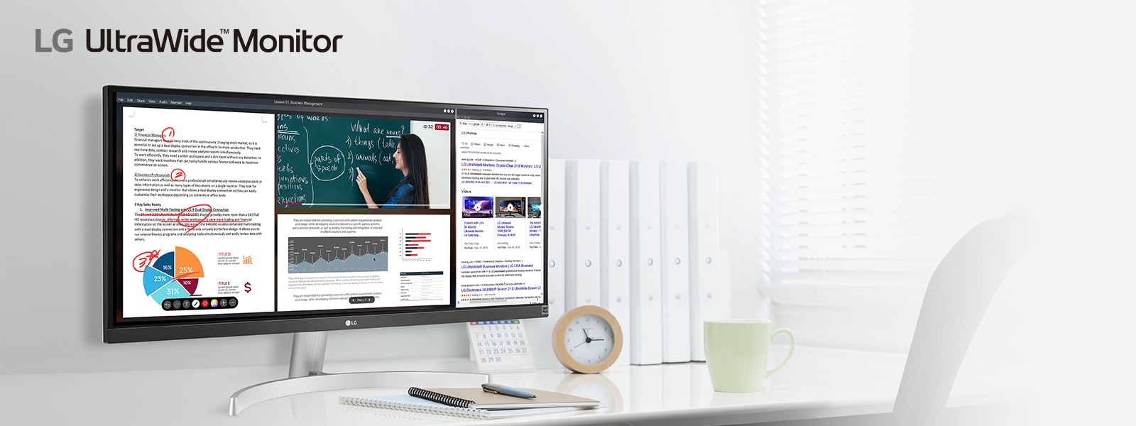 Image of LG UltraWide™ Monitor product with split screen consisting of 4 different windows of a class material, an ongoing online class in a video with another class material displaying below of it and the portal site with searching words of LG UltraWide. 