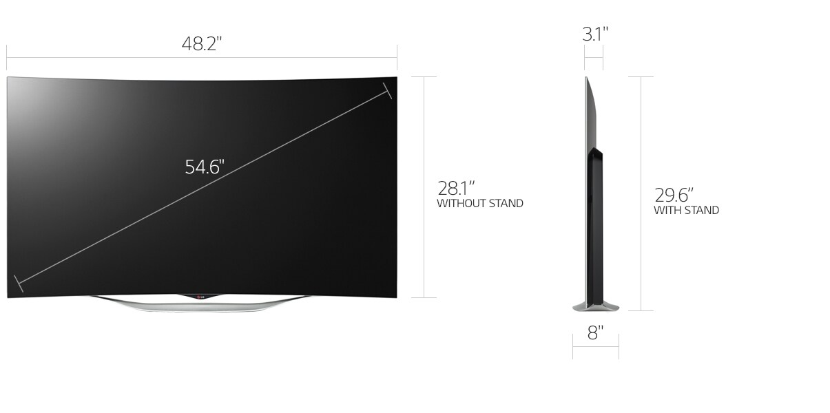 View of an LG 55EC9300 showing its dimensions.