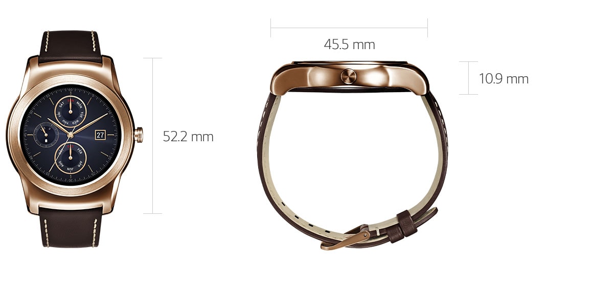The face of the LG Watch Urbane Silver measures 52.2 millimters tall by 45.5 millimeters wide by 10.9 milimeters thick.