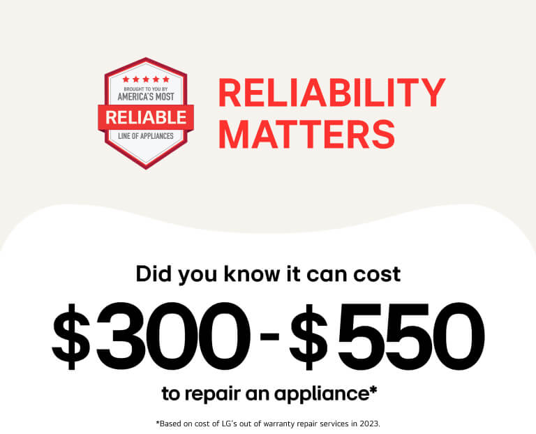 Brought to you by America's Most Reliable Line of Appliances Badge. Reliability Matters. Did you know it can cost $300 - $550 to repair an appliance?* *Based on cost of LG's out of warranty repair services in 2023 hero card image for mobile.