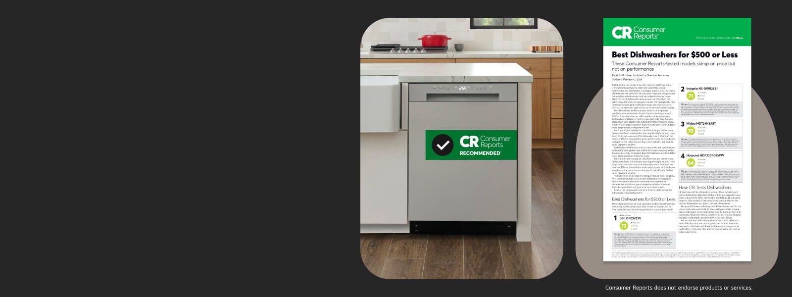 Front control dishwasher with Consumer Reports Best Dishwashers for $500 or Less article. Consumer Reports does not endorse products or services.