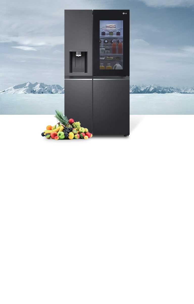 Hình ảnh tủ lạnh và trái cây ở phía trước hình nền Bắc Cực.