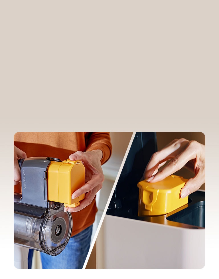 Giải thích cách sử dụng 2 Pin tháo lắp nhanh, có thể được thay thế bằng cách nhấn nút vàng ở đuôi tay cầm của Cordzero™, và có thể sạc pin cần sạc bằng cách mở nắp trên của tháp sạc.