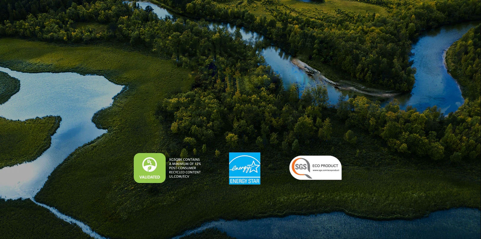 Trong hình là cảnh rừng và sông. Phía dưới hình hiển thị UL, nhãn năng lượng và logo SGS.