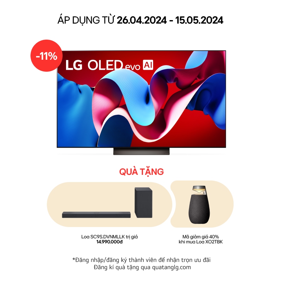 LG 77 Inch LG OLED evo C4 4K Smart TV OLED77C4, Hình ảnh mặt trước với LG OLED TV evo, OLED C4, Logo biểu tượng OLED 11 năm đứng đầu thế giới và logo webOS Re:New Program trên màn hình, cùng với Soundbar ở bên dưới, OLED77C4PSA