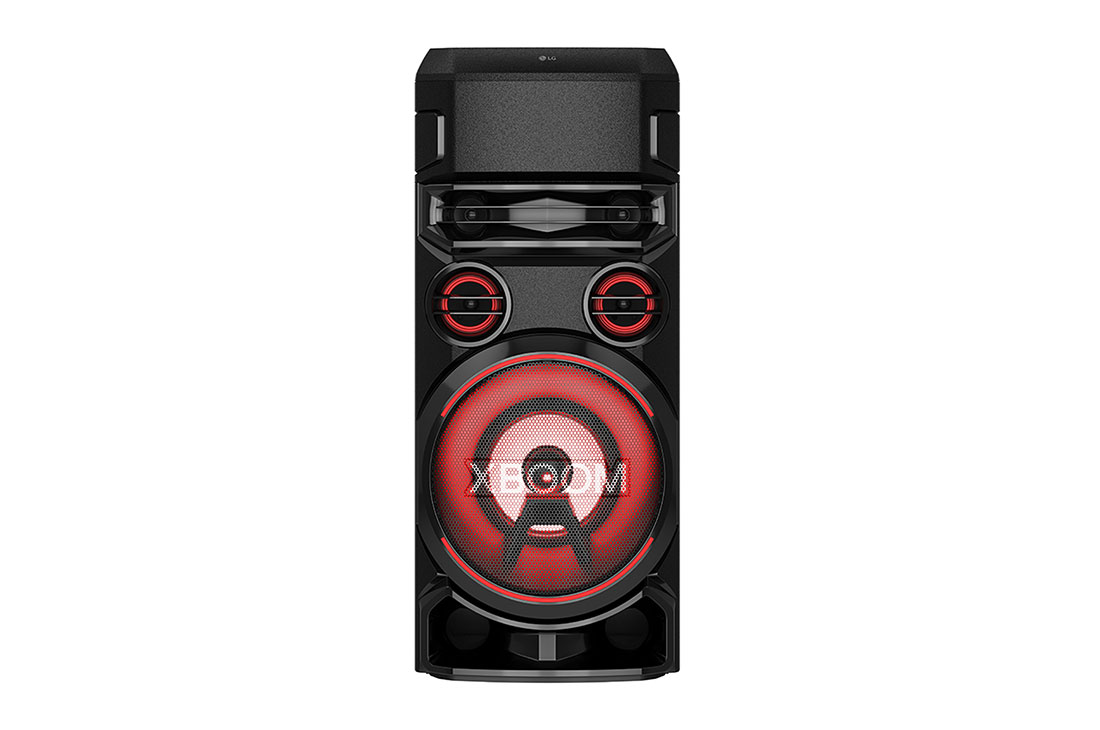 LG XBOOM RN7 Party Speaker with Bluetooth and Bass Blast, front view with red lighting, RN7