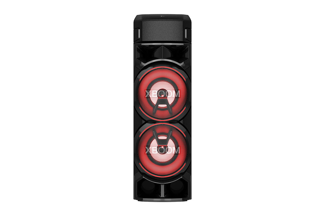 LG XBOOM RN9 Ultimate Party Speaker with Bluetooth and Bass Blast, front view with red lighting, RN9