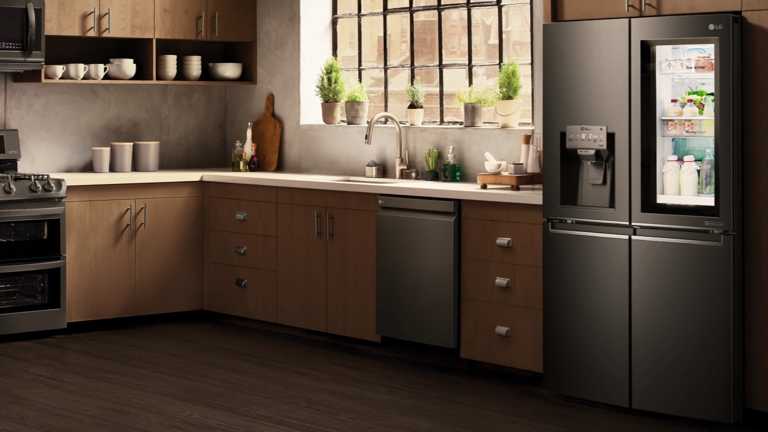 Arredamento industrial: immagine di una cucina stile industial chic con elettrodomestici moderni come il frigorifero LG.